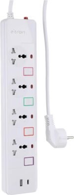 E-train (PS077) Power Strip 16A with Overload Protection 4 Output Plugs + 1 USB + 1 Type-C 2.4A Charging Ports 2M - On-Off Switch
